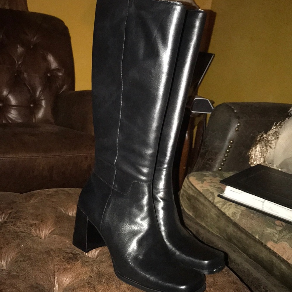 Real black leather high heel boots